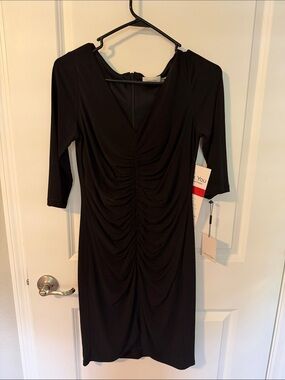 Classic Calvin Black Ruched V-Neck Dress